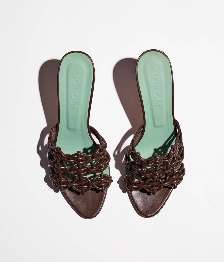 high heel morobe mules in chocolate 
