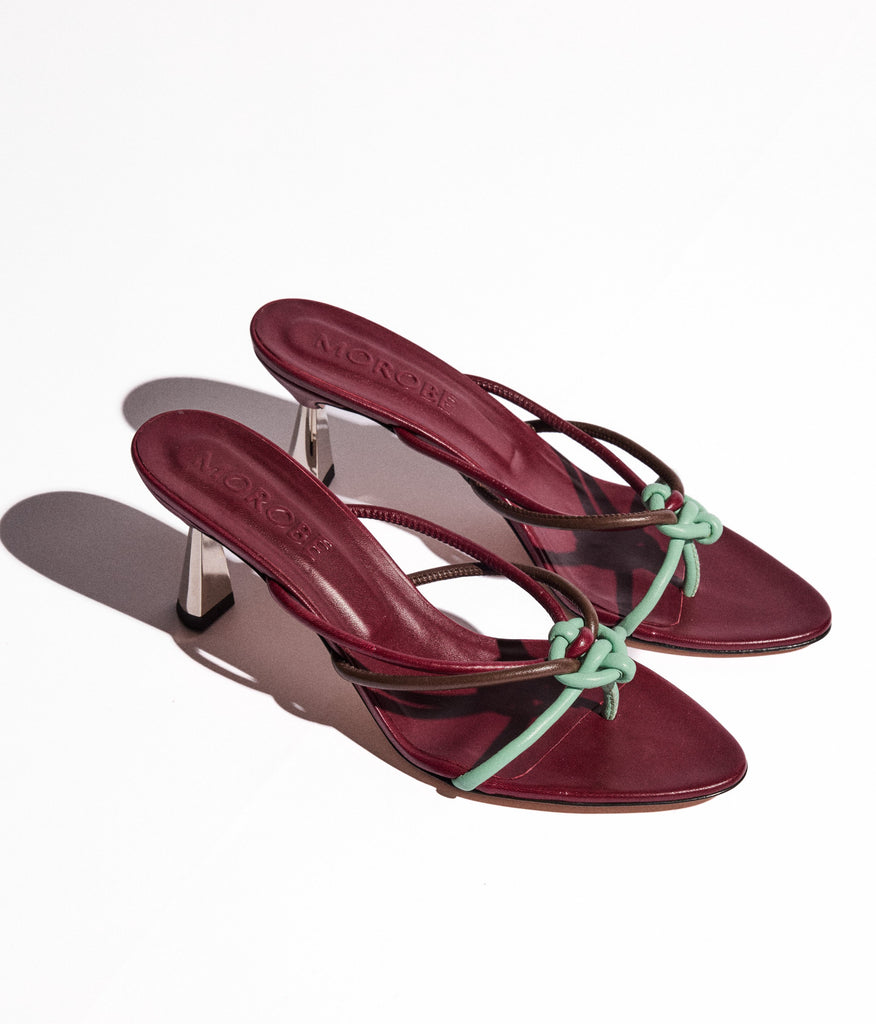 high heel morobe mules in bordeau 
