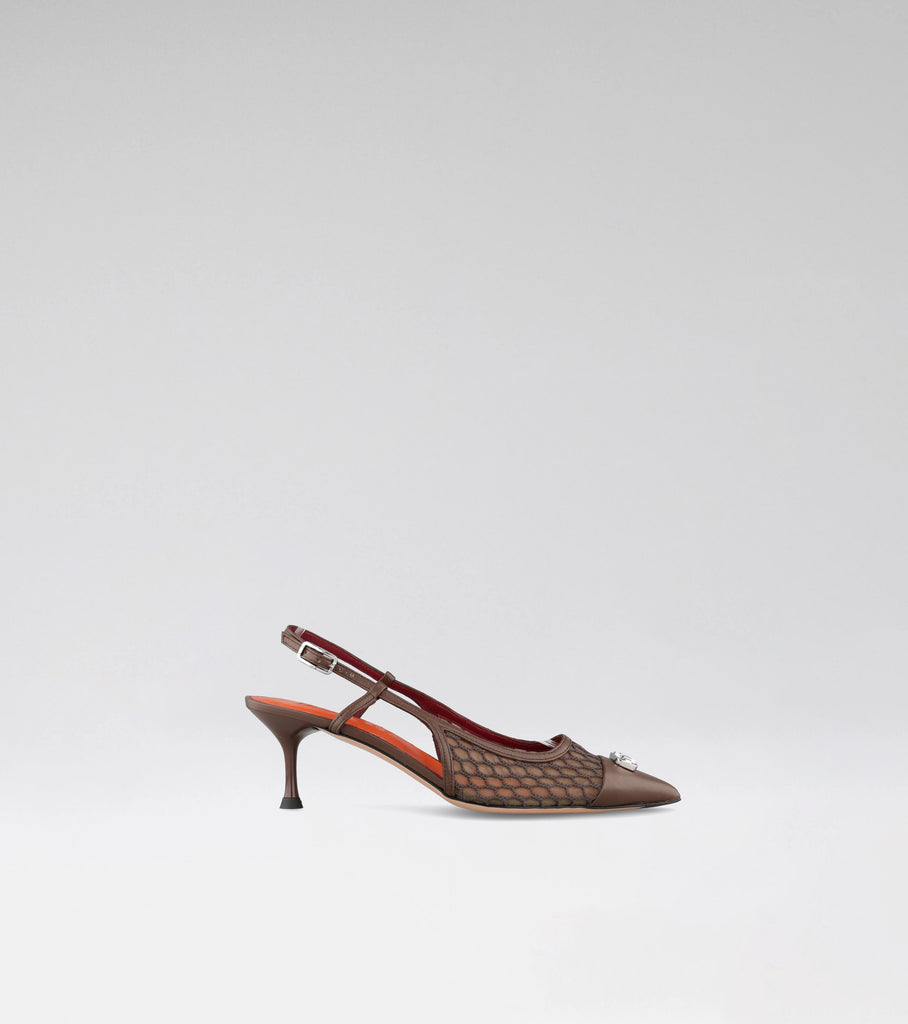 DELILAH brown mesh slingback with leather trim, pointed toe, MOROBÉ brooch and 60 mm heel.
