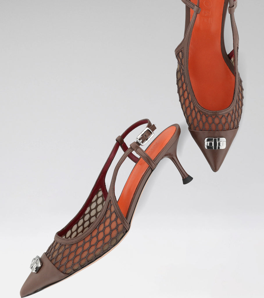 DELILAH brown mesh slingback with leather trim, pointed toe, MOROBÉ brooch and 60 mm heel.