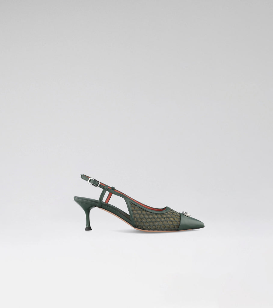 DELILAH green mesh slingback with leather trim, pointed toe, MOROBÉ brooch and 60 mm heel.