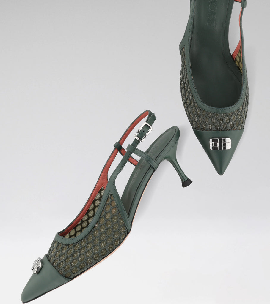 DELILAH green mesh slingback with leather trim, pointed toe, MOROBÉ brooch and 60 mm heel.