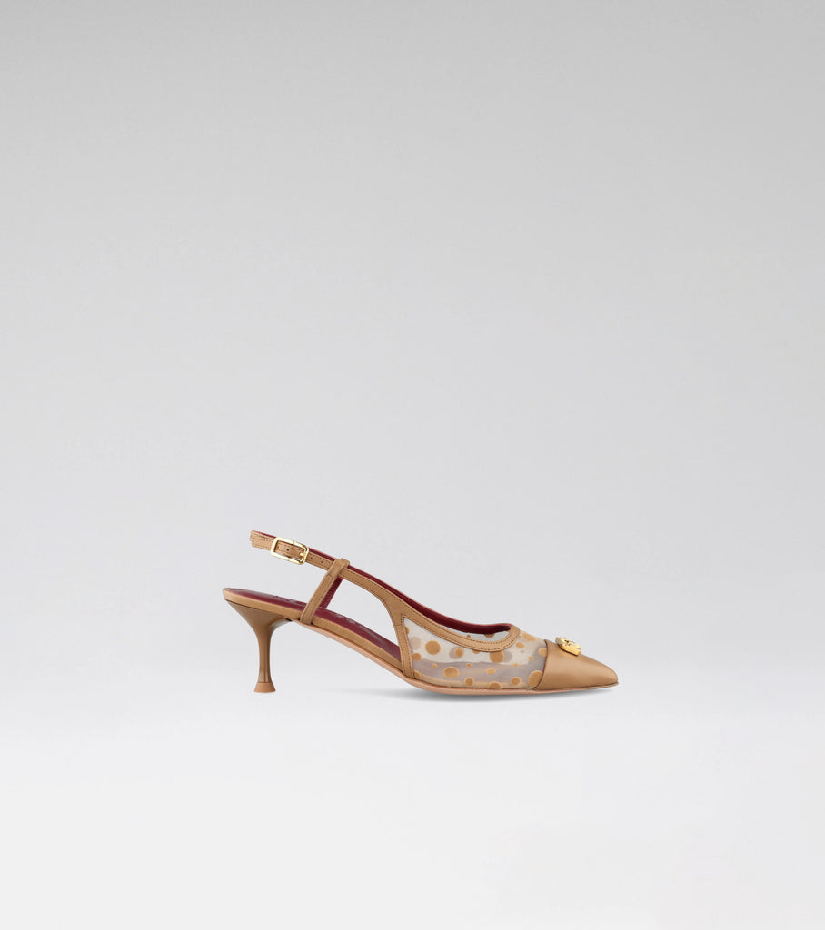 DELILAH beige polka-dot mesh slingback with a pointed toe, MOROBÉ brooch and 60 mm heel.
