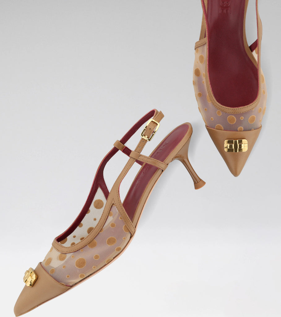 DELILAH beige polka-dot mesh slingback with a pointed toe, MOROBÉ brooch and 60 mm heel.