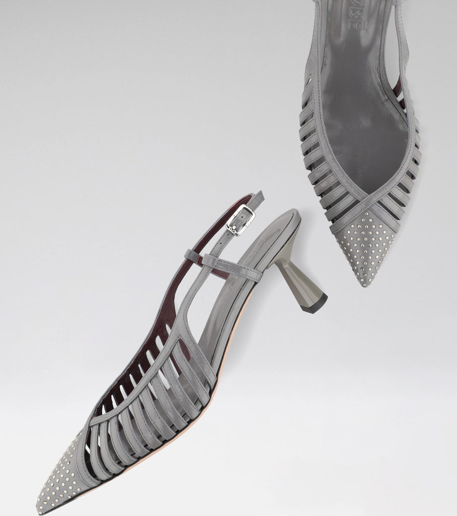 DREAM grey leather slingback with a studded pointed toe and 60 mm heel.
