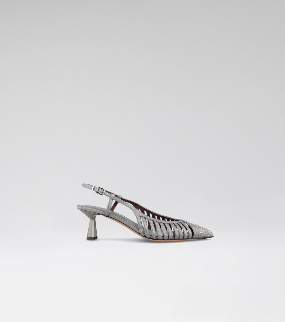 DREAM grey leather slingback with a studded pointed toe and 60 mm heel.
