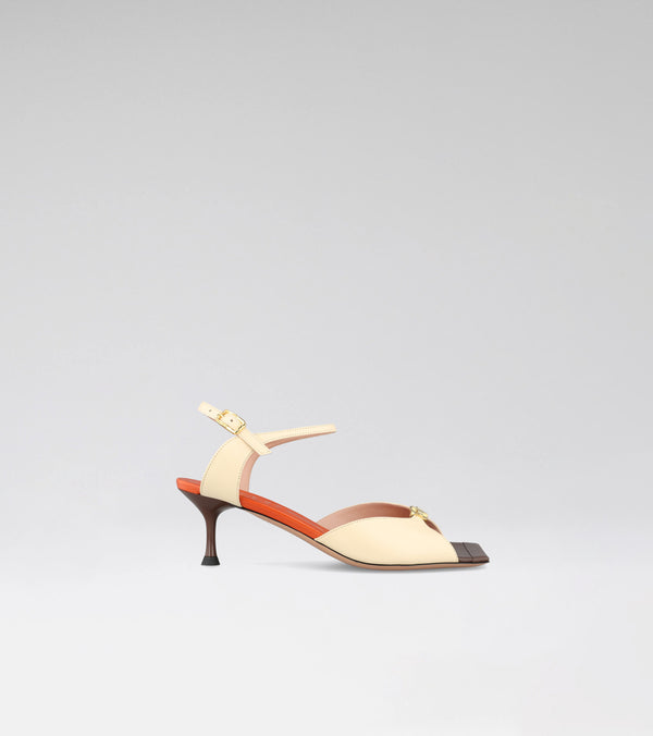 GRACE LOGO leather sandal with a squared toe, MOROBÉ brooch and 60 mm heel.
