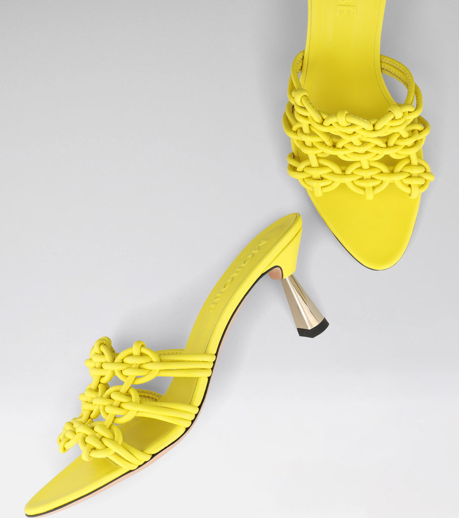 high heel mules in bright yellow 