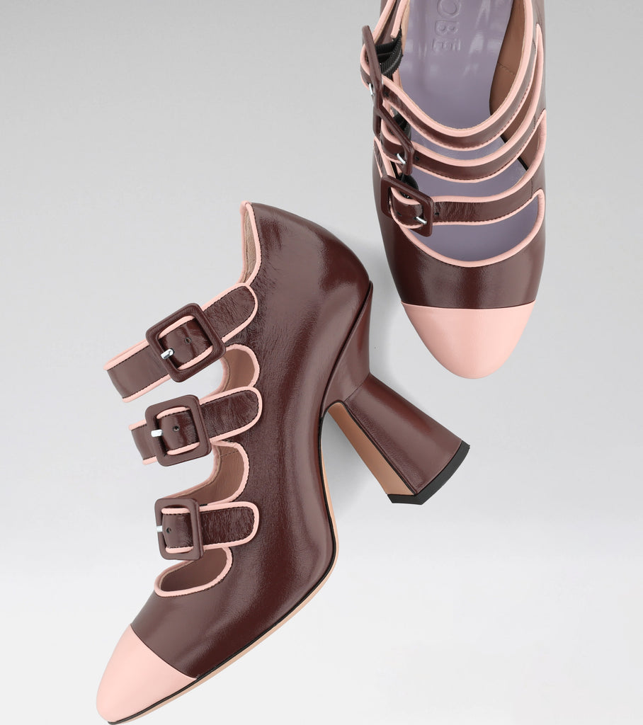 TALIA Mary Jane pump with triple straps, almond toe and 90 mm heel.